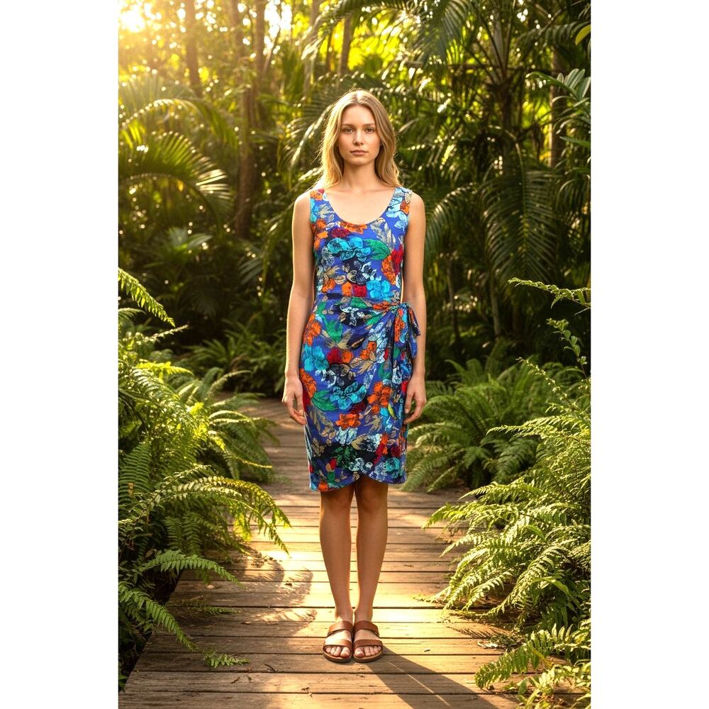 Hilo Hattie Womens Hawaiian Tropical Floral Print Faux Wrap Dress Size XL Blue